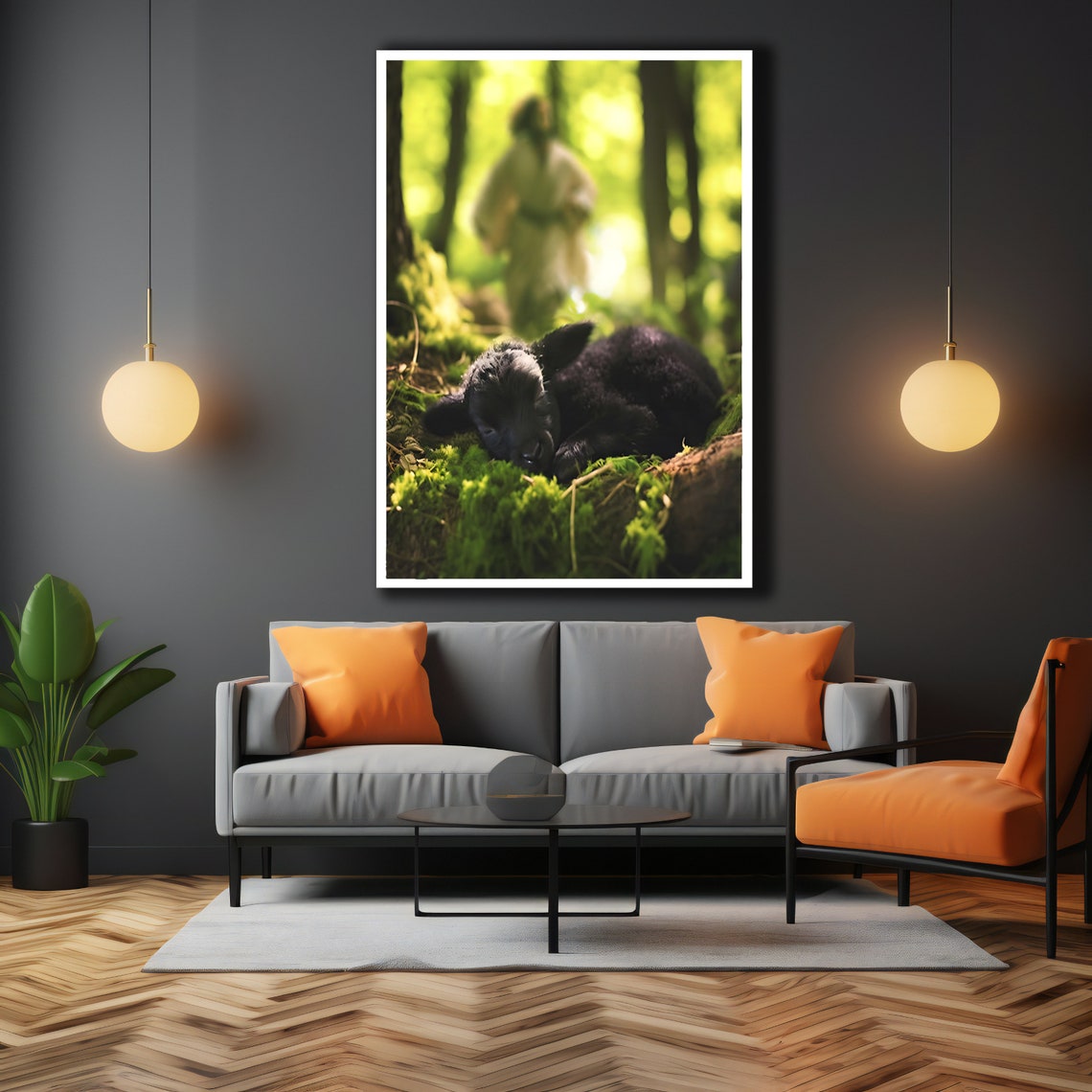 Lost Lamb and Jesus in Sunlit Forest Christian Shepherd Art Print - Image 3