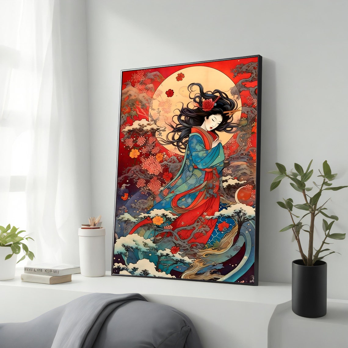 Japanese Woman in Blue Kimono Red Moon Cherry Blossom Wave Art Poster