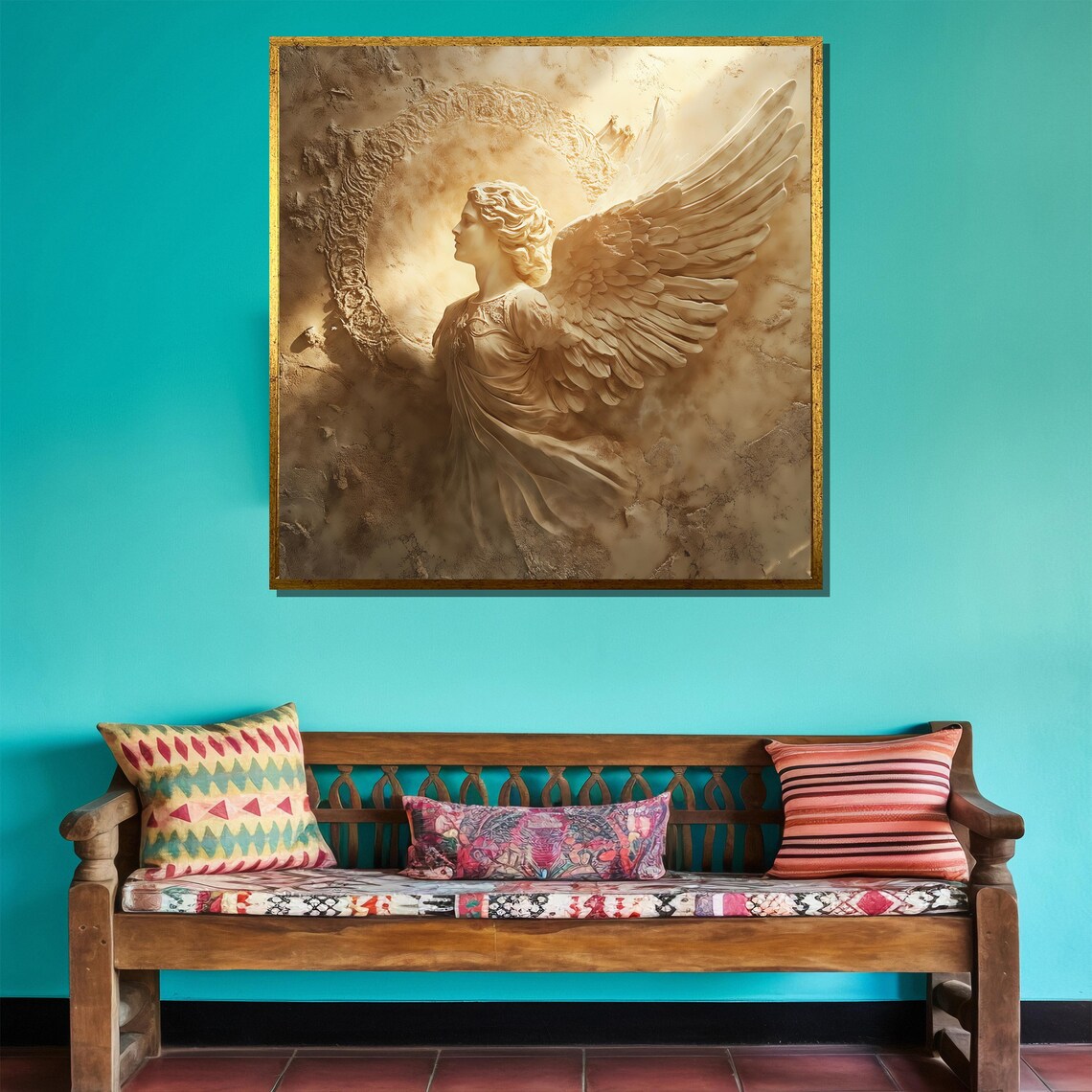 Celestial Angel Sculpture Relief Painting Golden Heavenly Guardian Wall Poster - Image 4
