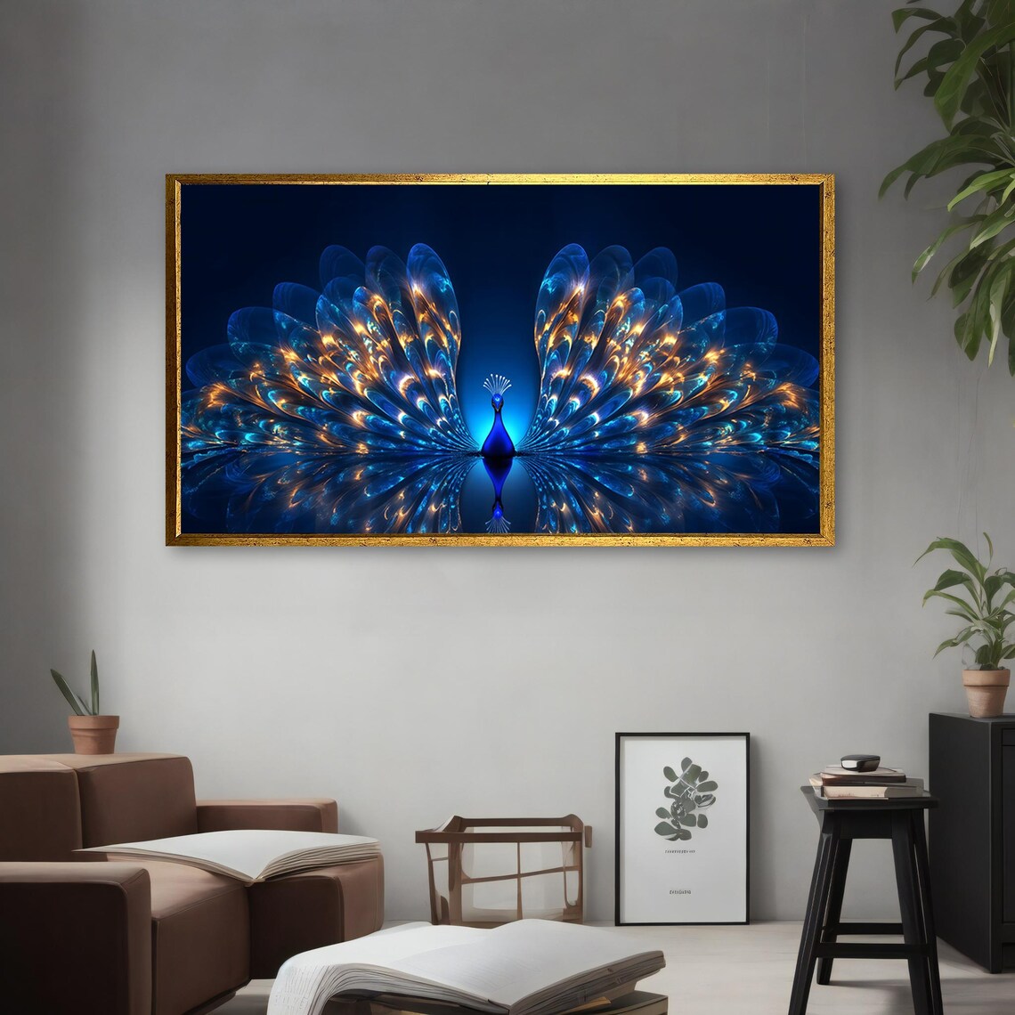 Blue and Gold Peacock Fractal Tail Feathers Dark Wall Art Poster - Image 4