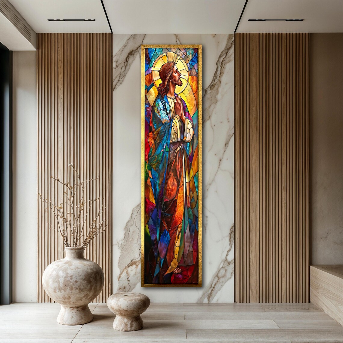 Jesus Praying Stained Glass Mosaic Colorful Vertical Religious Poster