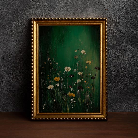 Emerald Green Flower Print, Moody Botanical Art