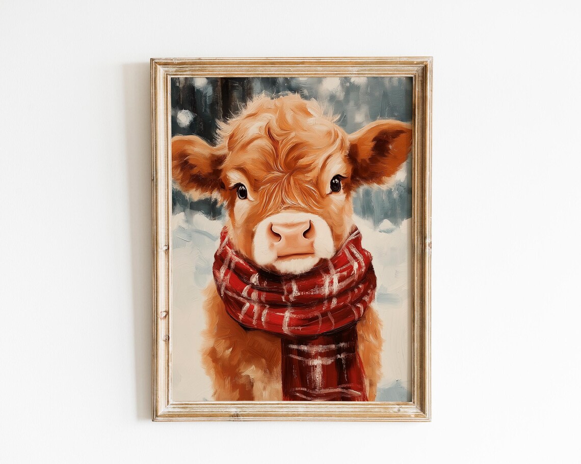 Highland Cow Calf in Red Plaid Scarf Winter Holiday Wall Art