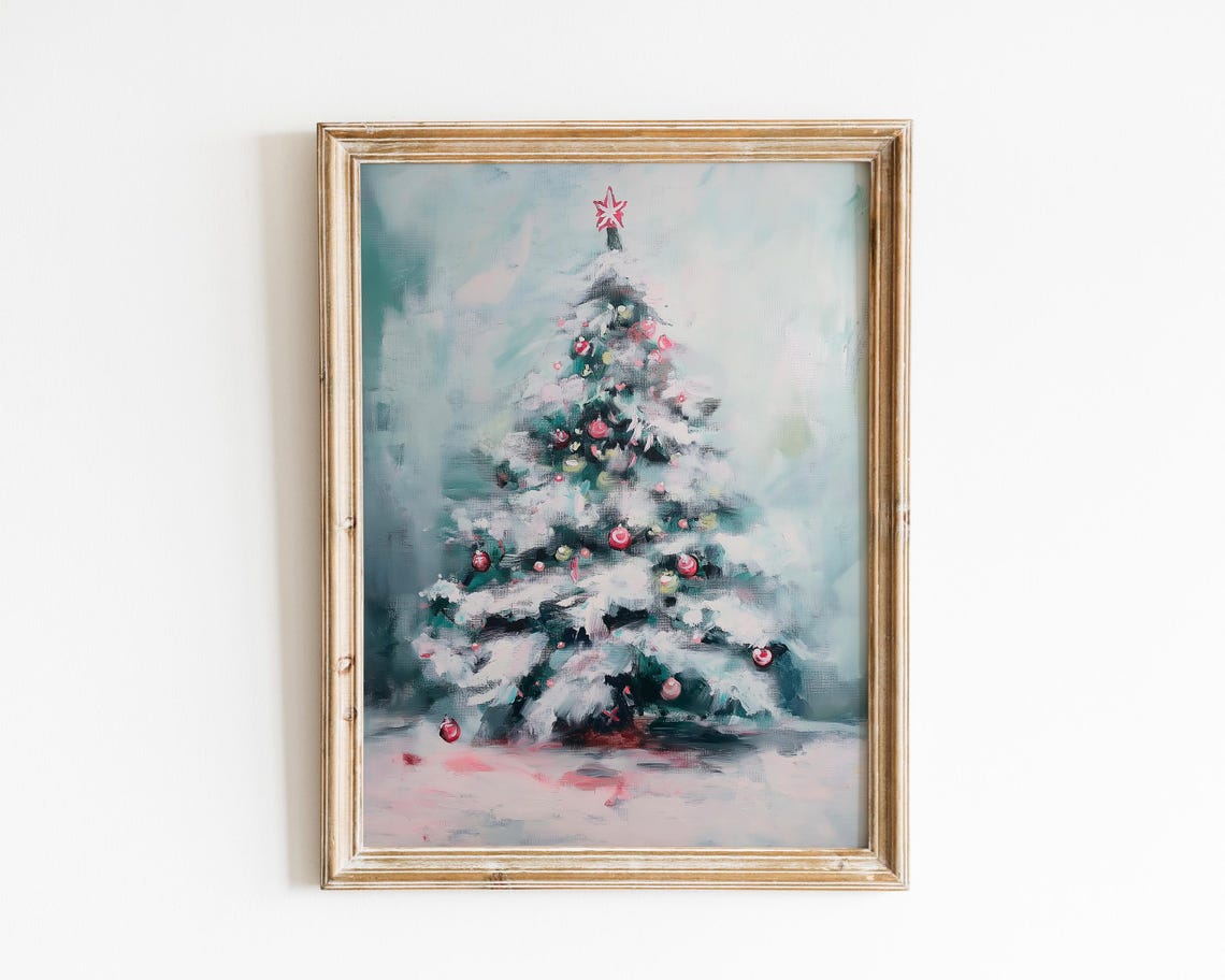 Rustic Snowy Oil Painted Christmas Tree Red Star Holiday Print