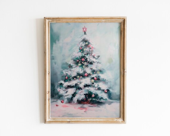 Rustic Snowy Oil Painted Christmas Tree Red Star Holiday Print