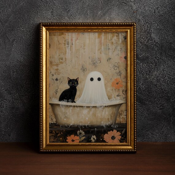 And Cat In Bathtubhalloween Wall Art Floral Bathwhimsigoth Bathroom Decorhalloween Indoor Decorfunny Decorsingle Poster