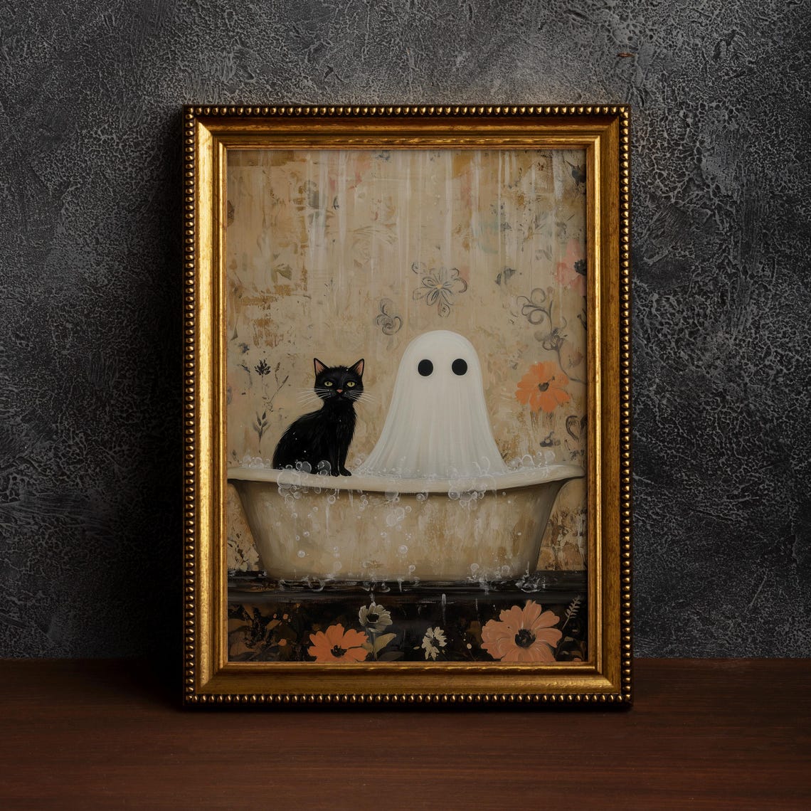 Black Cat and Ghost Sharing a Bubble Bath Cute Halloween Poster