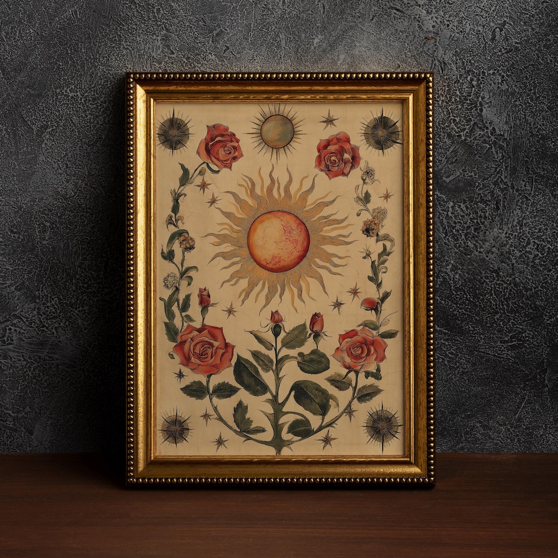 Sun and Roses Vintage Botanical Celestial Folk Painting Poster