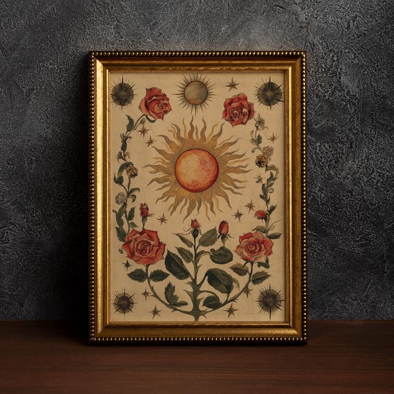Mystical Rose And Sunsun Postersun Art Folkbotanical Printflowery Bedroom Decorcottagecore Artmoody Artbohemian Rosesuny Folk Poster