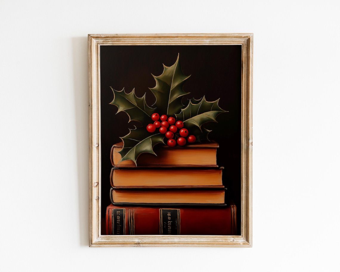 Holly Sprig On Vintage Books Rustic Christmas Holiday Poster