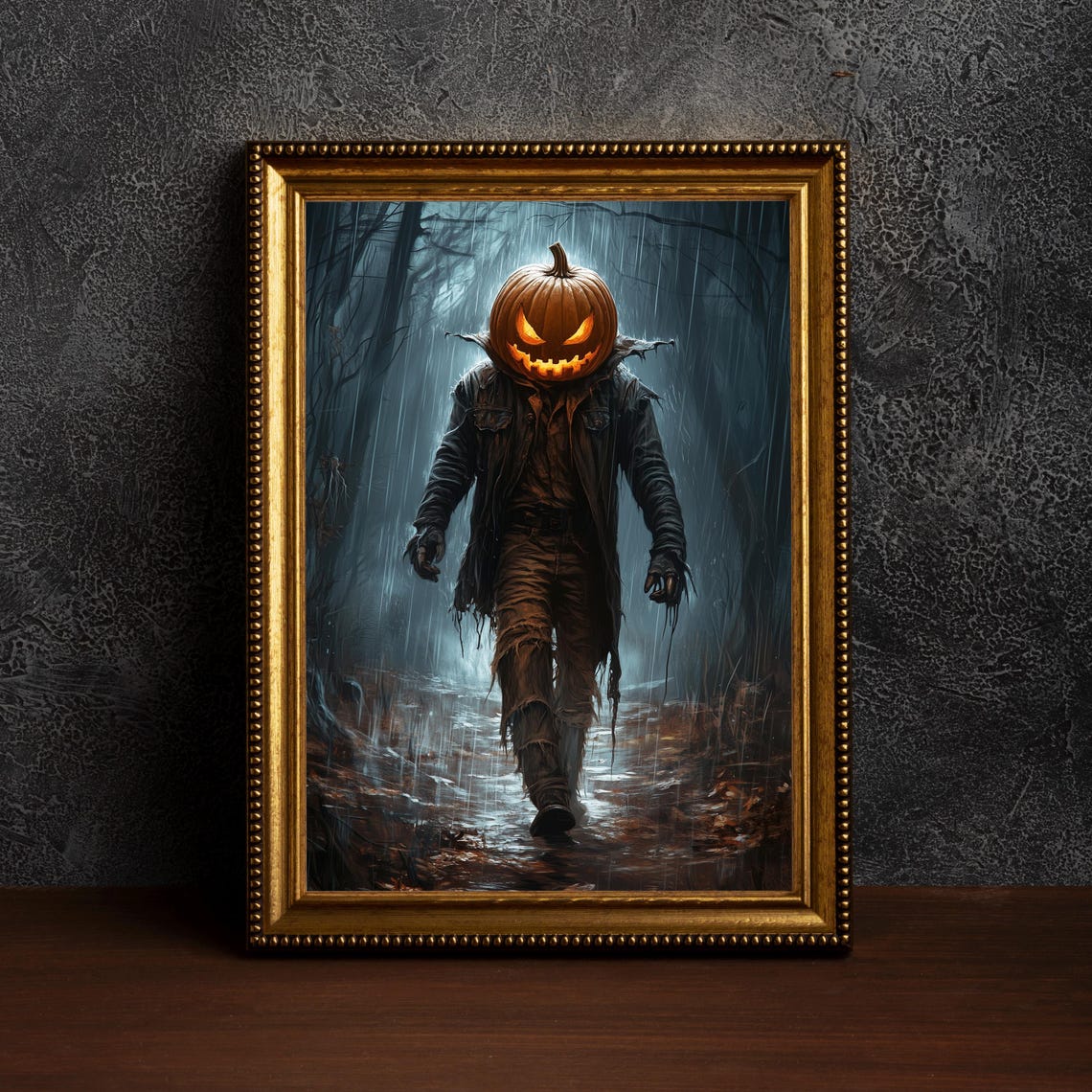 Glowing Jack-o-Lantern Figure Rainy Forest Halloween Art Poster