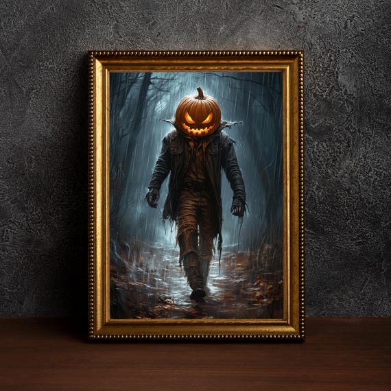 Pumpkin Boy In A Rainy Forest Halloween Wall Art Spooky Fall Dark Academia Gothicrustic Print