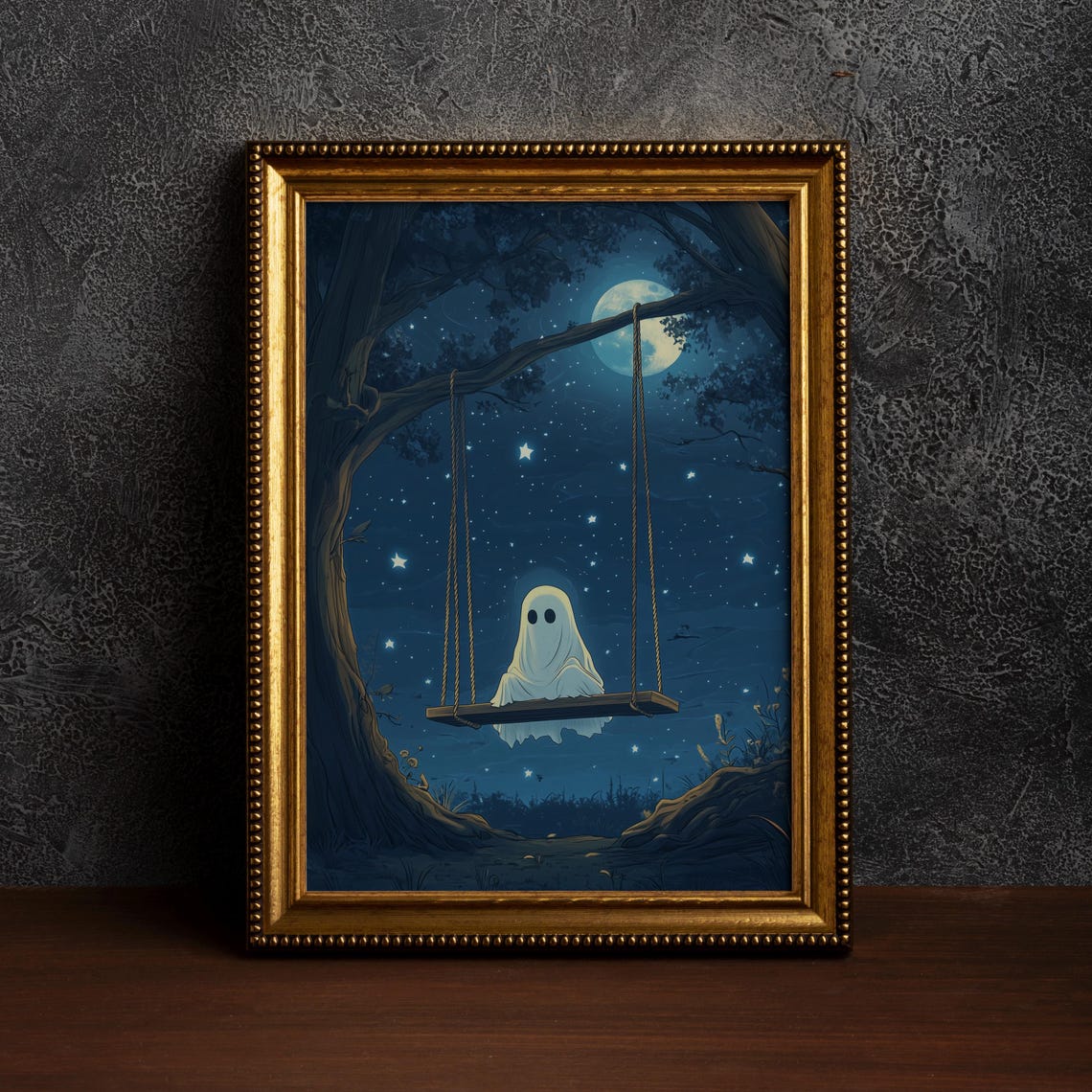 Cute Ghost On Swing Under Moonlit Starry Sky Halloween Poster