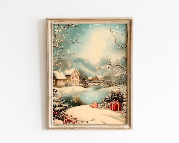 Snowy Christmas Village Bridge Vintage Winter Wonderland Art Poster