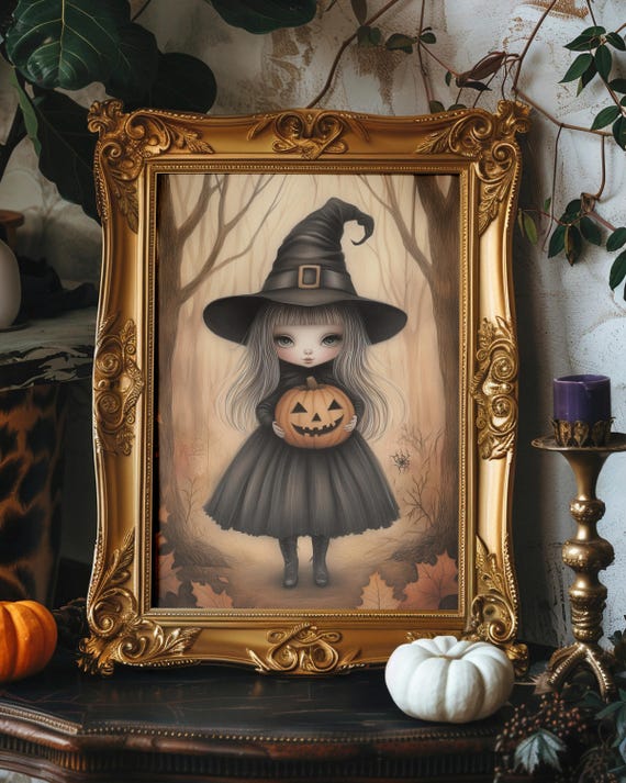 Cute Little Witch And Jack O Lanterns Halloween Wall Art Print Oil Paint Spooky Decorhaunted House Artfall Decorseasonal Decor