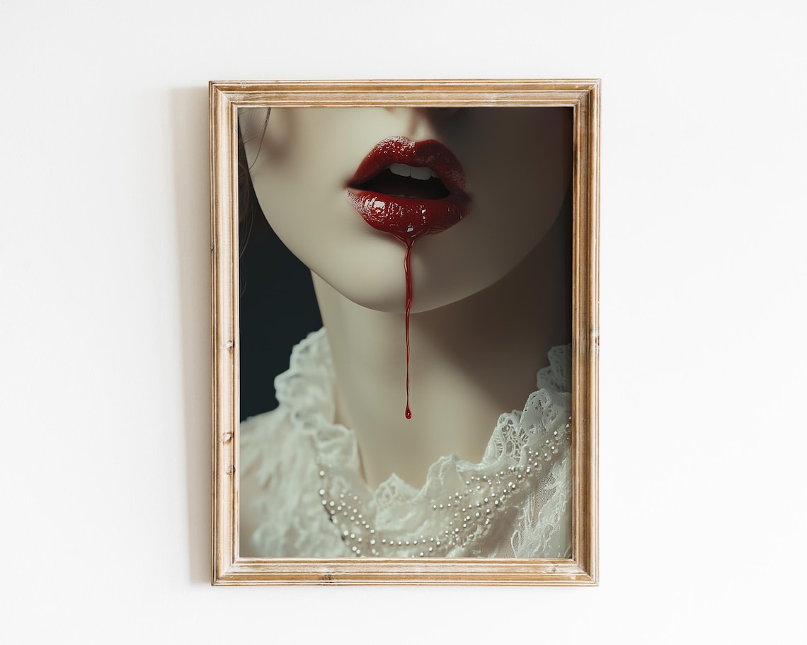 Gothic Vampire Woman With Bloody Red Lips Moody Dark Academia Art Print