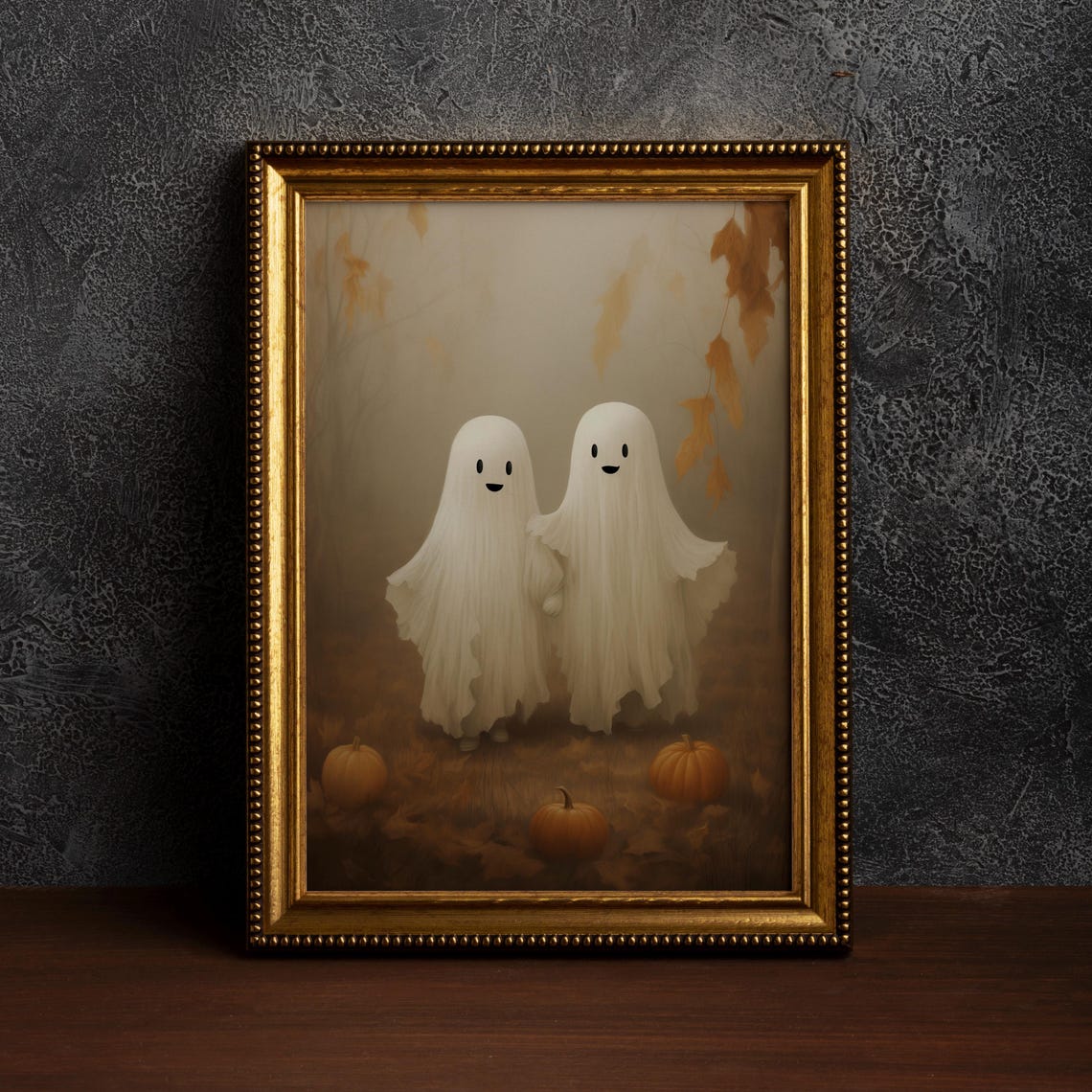 Two Cute Ghosts Holding Hands Among Autumn Pumpkins Fall Poster