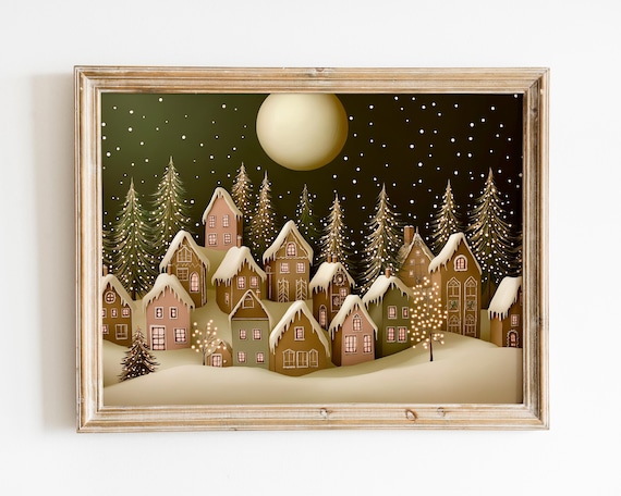 Vintage Christmas Village Snowy Moonlit Night Holiday Town Poster