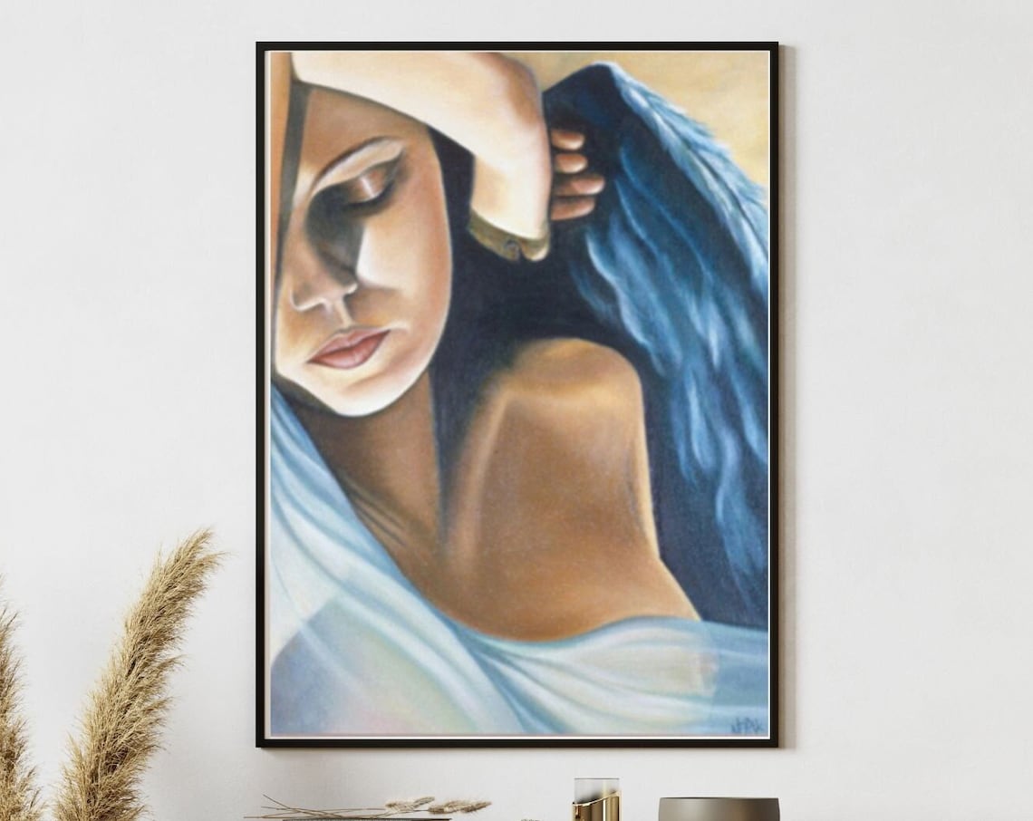 Sleeping Angel Blue Wings Serene Woman Portrait Dream Art Poster