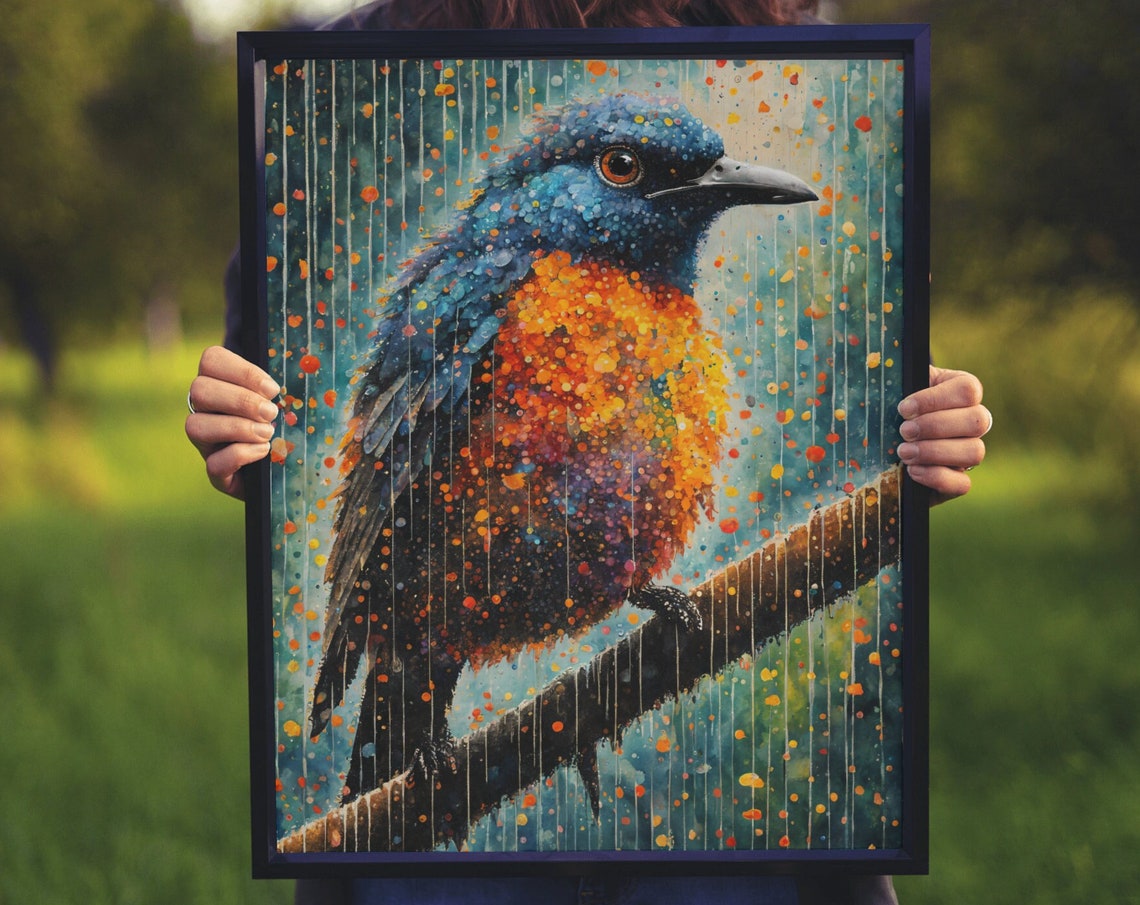 Blue Orange Bird Rain Branch Watercolor Dots Moody Wild Bird Art Print