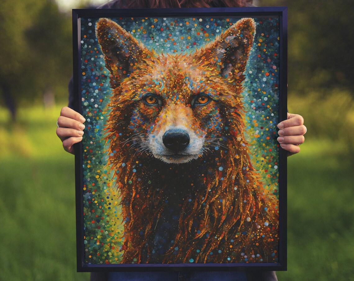 Red Fox Front Portrait Teal Background Pointillism Wildlife Wall Poster