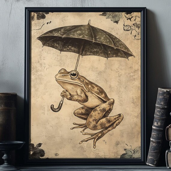 Vintage Frog Holding an Umbrella Sepia Illustration Wall Art
