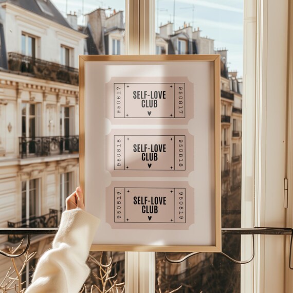 Self-Love Club Retro Ticket Poster with Heart for Bedroom Decor