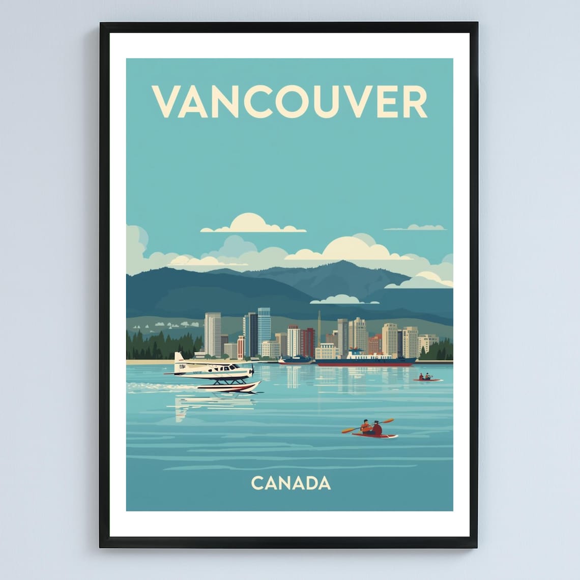 Vancouver Canada Vintage Skyline Seaplane Kayak Travel Poster