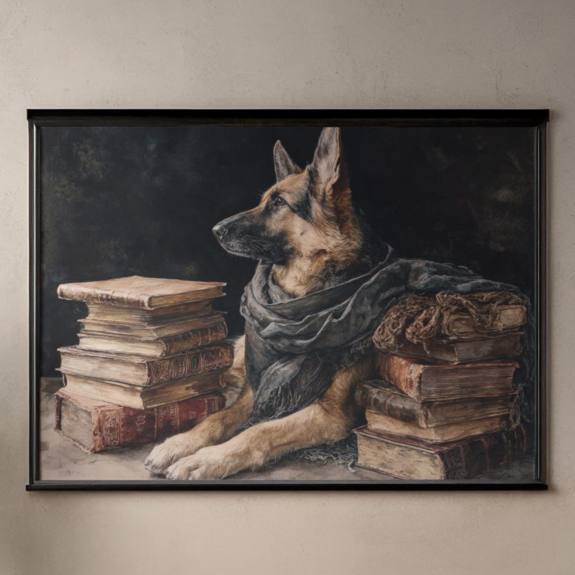 German Shepherd Dark Academia Watercolor Gothic Library Dog Art Print Scholarly Portrait