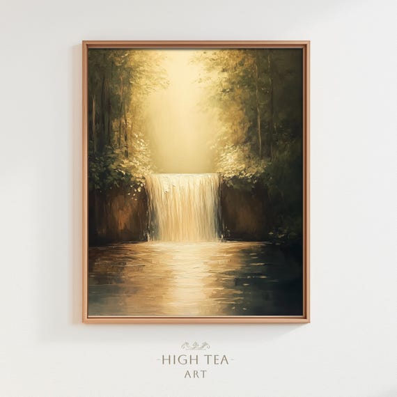 Tranquil Forest Sunshine Waterfall Oil Painting Art Print Morning Glory Sun Calm Waters Nature Hta212