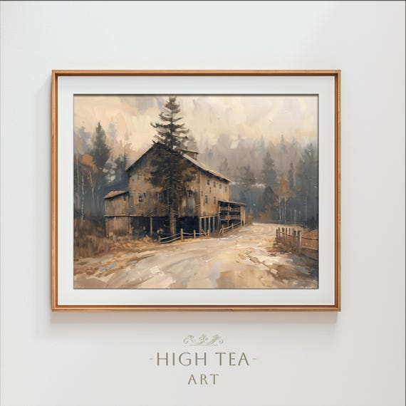 Oil Painting Art Print Forest Wooden Rustic Charm Farmhouse Vintage Neutral Industrial Lumber Mill Timber Hta088