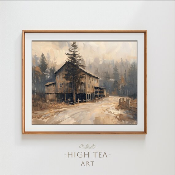 Rustic Timber Mill Oil Painting Vintage Lumber Farmhouse Forest Print