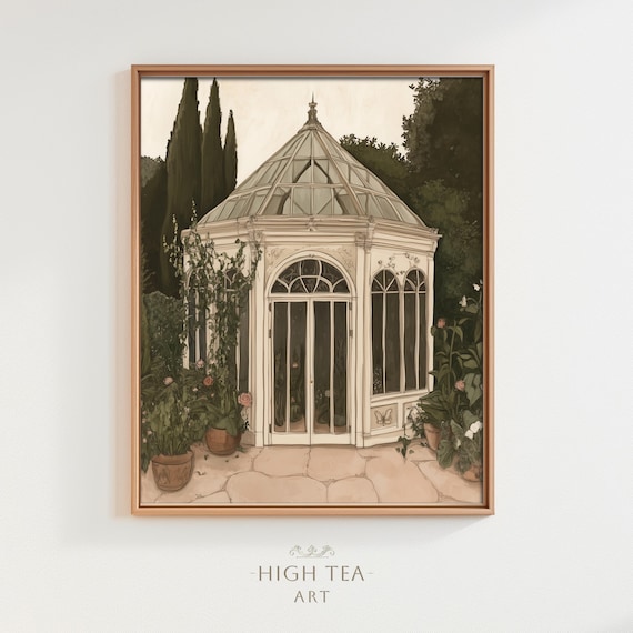 Vintage Conservatory Watercolor Illustration Art Print Botanical Orangery Greenhouse Garden Wall Decor Hta316