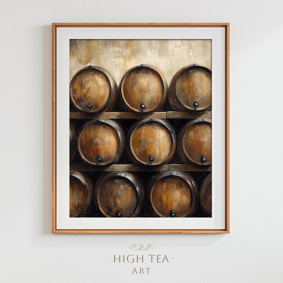Stacked Wooden Wine Barrels Rustic Cellar Oil Painting Art Print