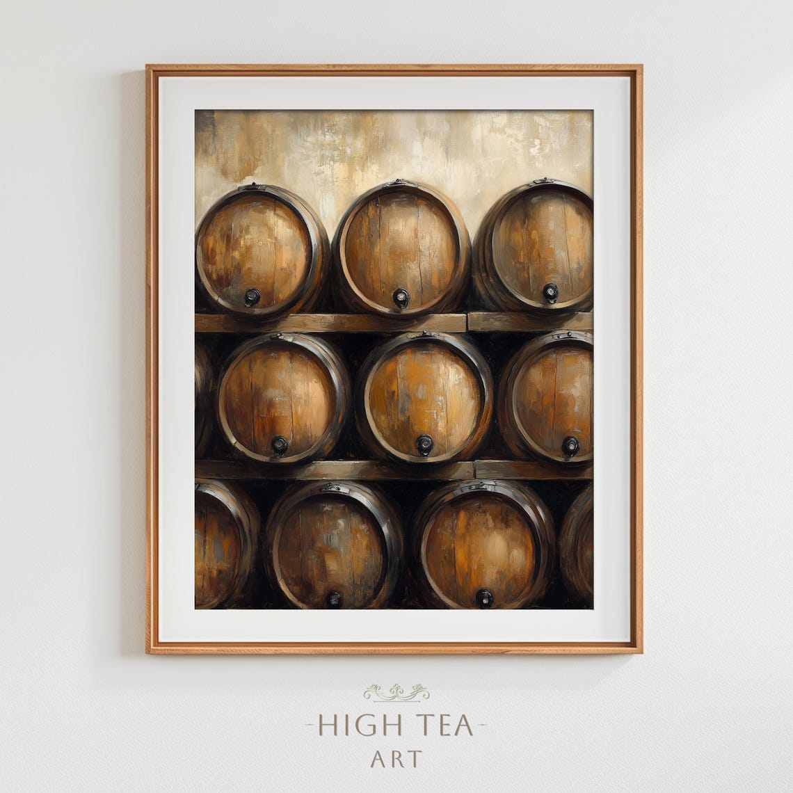 Stacked Wooden Wine Barrels Rustic Cellar Oil Painting Art Print
