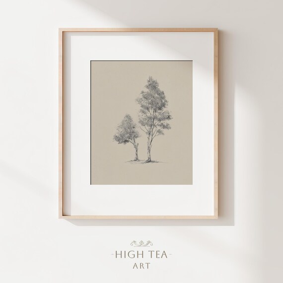 Minimalist Pair Of Trees Pencil Sketch On Beige Neutral Art Print
