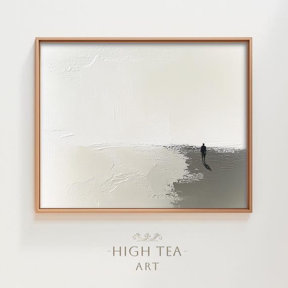 Abstract Beach Oil Painting Art Print Neutral Muted Minimalist Silhouette Man Walking Sand Shore Wall Decor Hta323