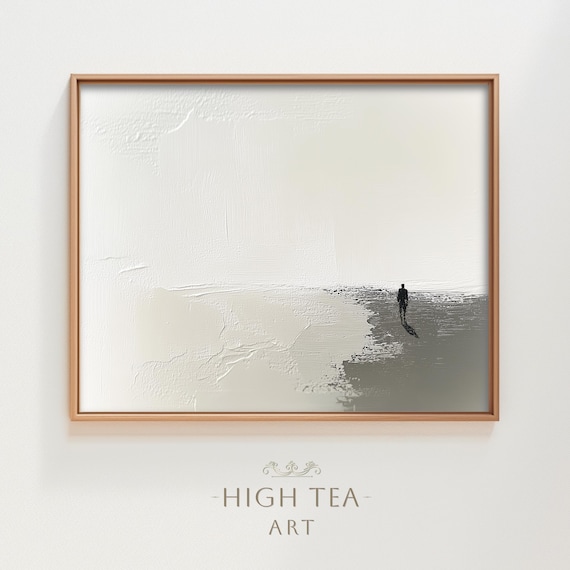 Solitary Figure Walking Abstract Beach Minimalist Neutral Oil Poster