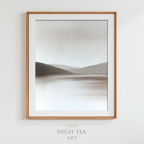 Serene Gray Misty Lake and Hills Minimalist Tonal Calm Art Poster