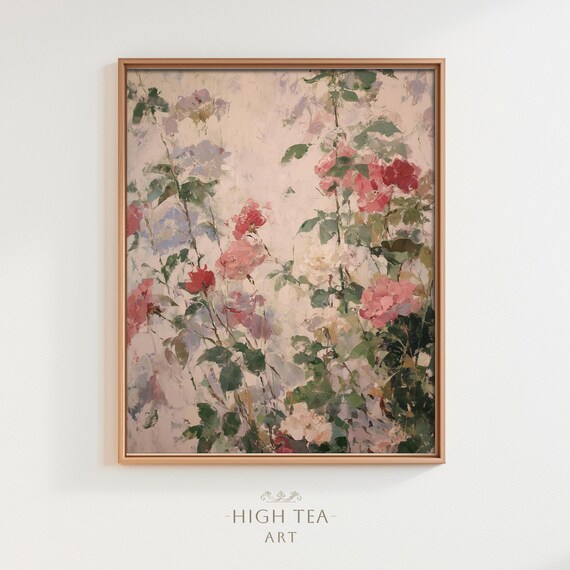 Vintage Floral Garden Oil Painting Art Print Botanical Pink Roses Flowers Neutral Muted Wall Decor Hta380