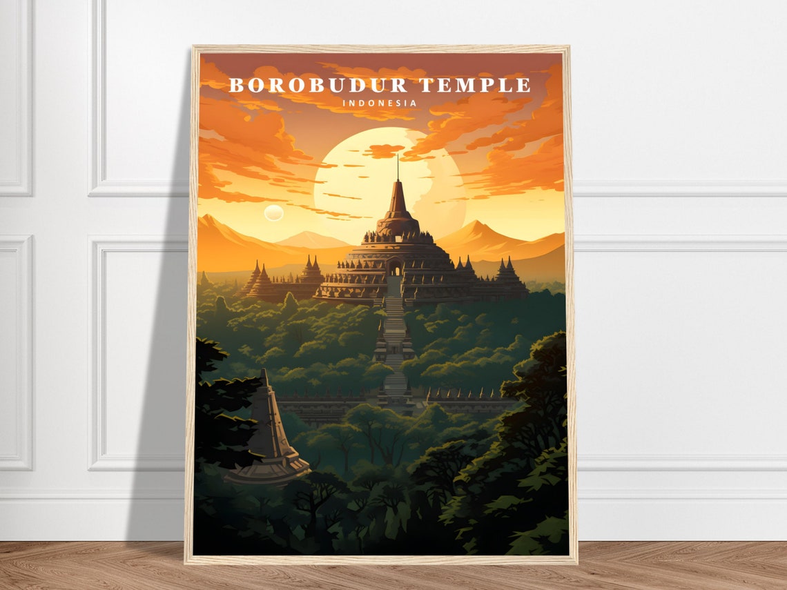 Borobudur Temple Indonesia Jungle Sunset Vintage Travel Poster