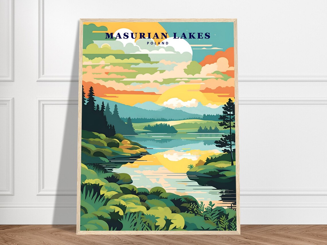 Masurian Lakes Poland Sunset Lake District Vintage Travel Poster Art