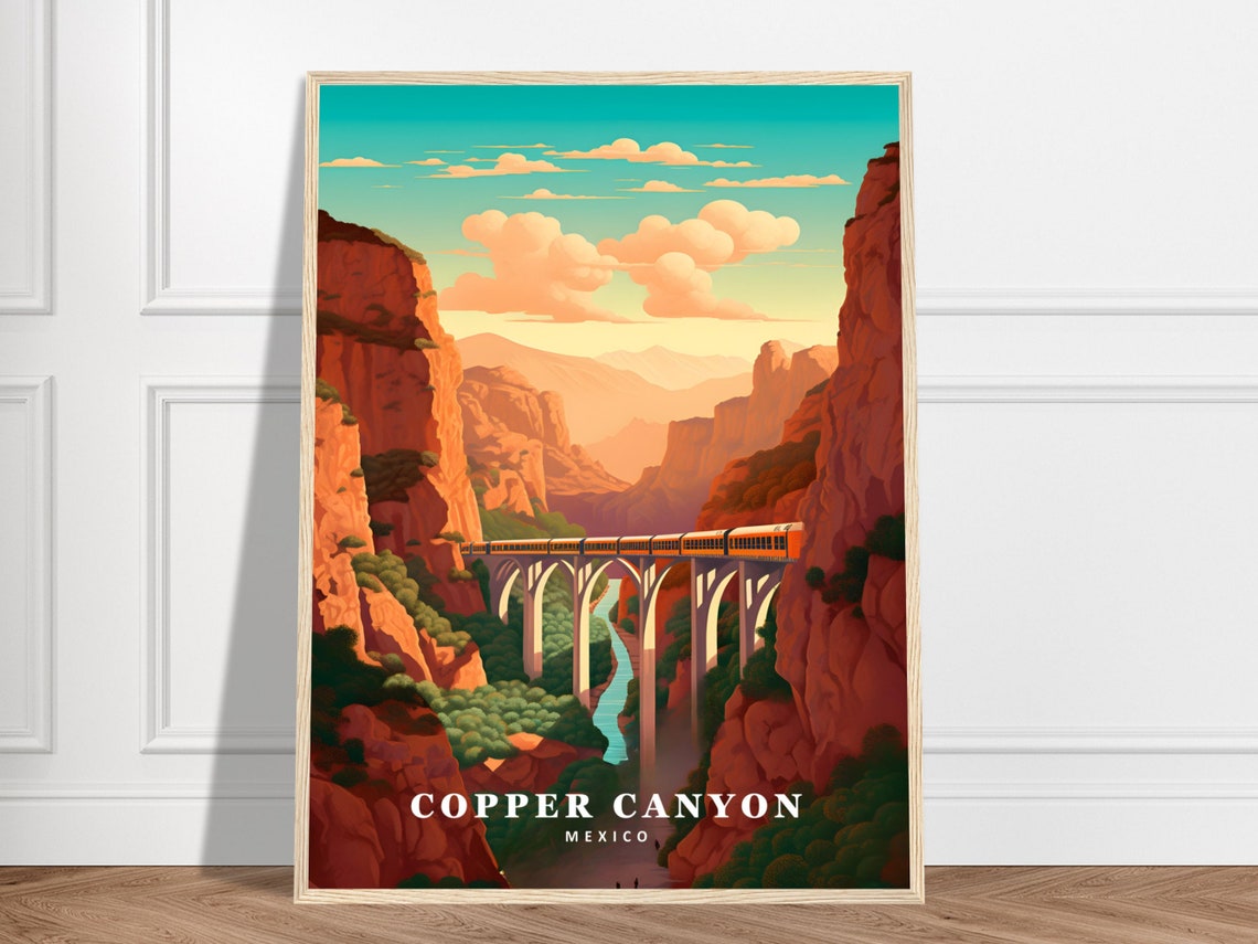 Copper Canyon Mexico Train Bridge Red Cliffs Retro Travel Poster