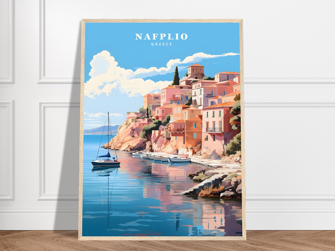 Nafplio Greece Travel Poster Seaside Cliff Town Sailboats Coastal Art