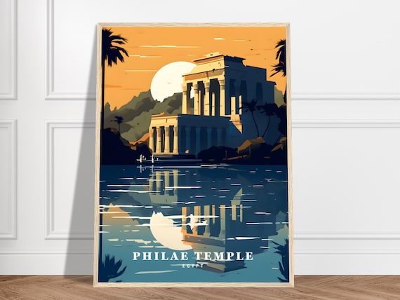 Philae Temple Egypt Moonlit Nile Reflection Vintage Travel Poster
