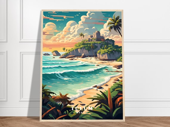 Stunning Tulum Mexico Beach Mayan Cliffs Retro Travel Poster