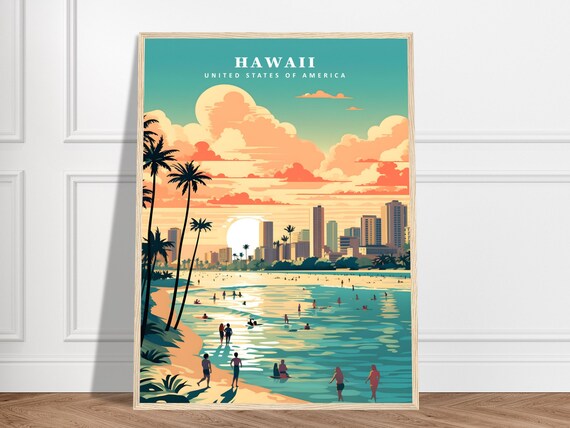 Hawaii Waikiki Beach Sunset Surfers Retro Joyful Travel Poster Art