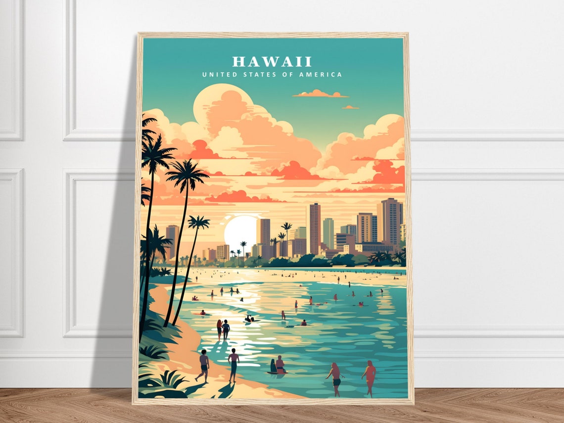 Hawaii Waikiki Beach Sunset Surfers Retro Joyful Travel Poster Art
