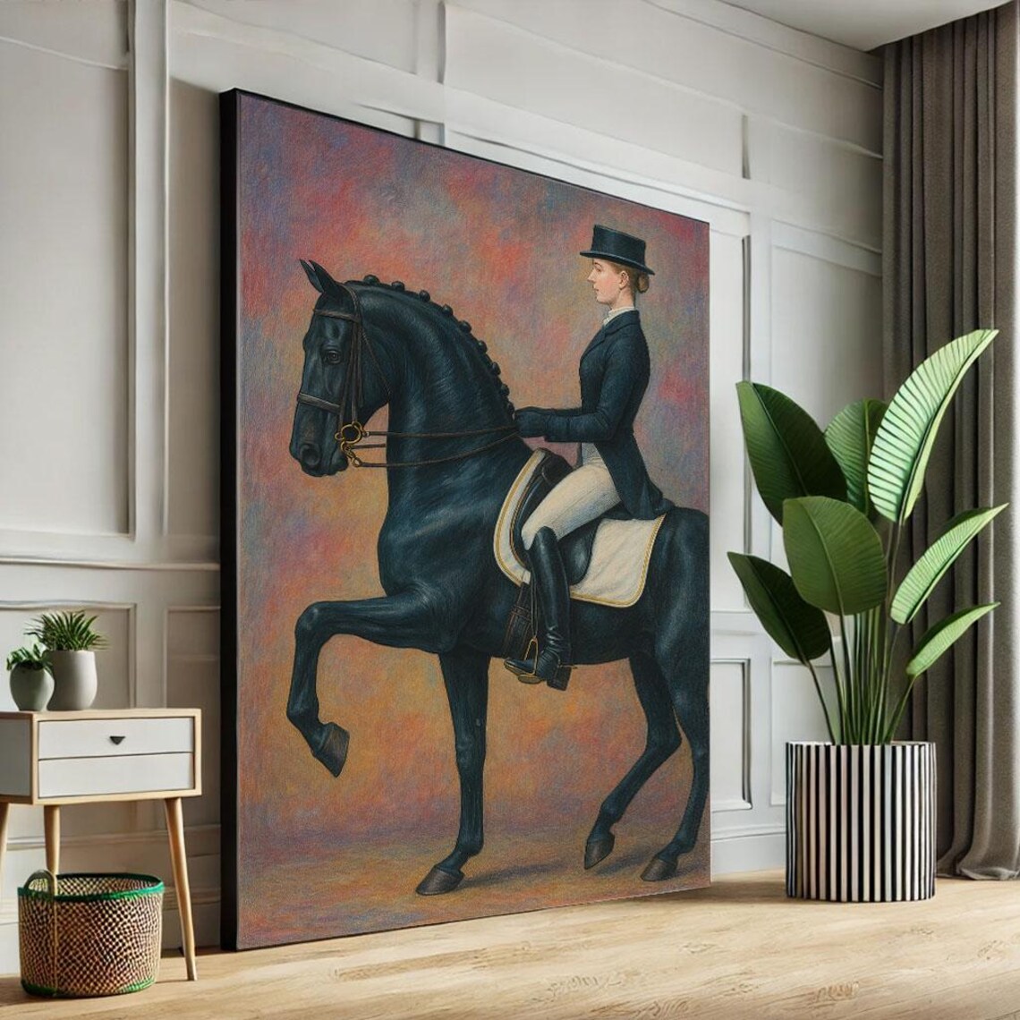 Elegant Equestrian Woman On Black Dressage Horse Classic Poster