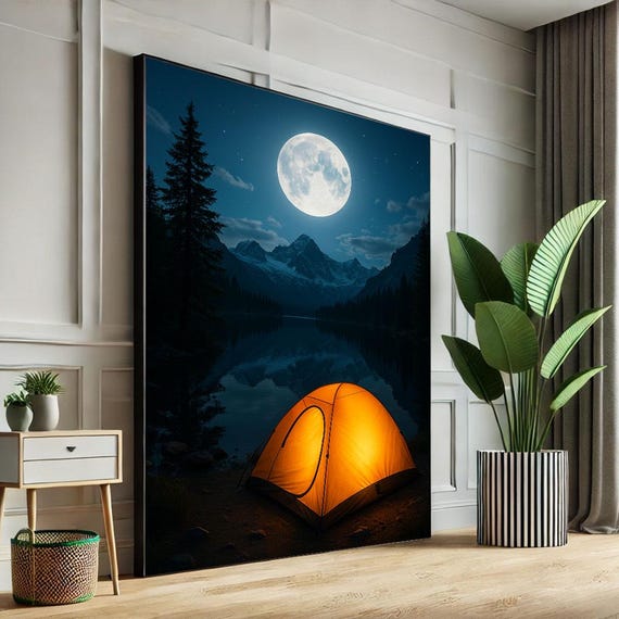 Moonlit Camping Scene Canvas Wall Art Print Serene Nighttime Living Room Decor Ready To Hang